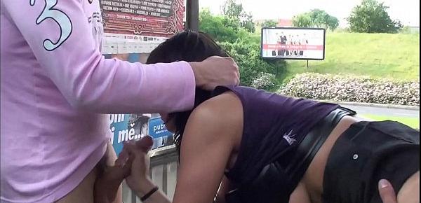  A big natural breasted brunette in public street bus stop threesome orgy gang bang with 2 hung guys with big dicks fucking her with a blowjob and vaginal pussy sex action in front of all the car, bus, and truck drivers and people walking on the street